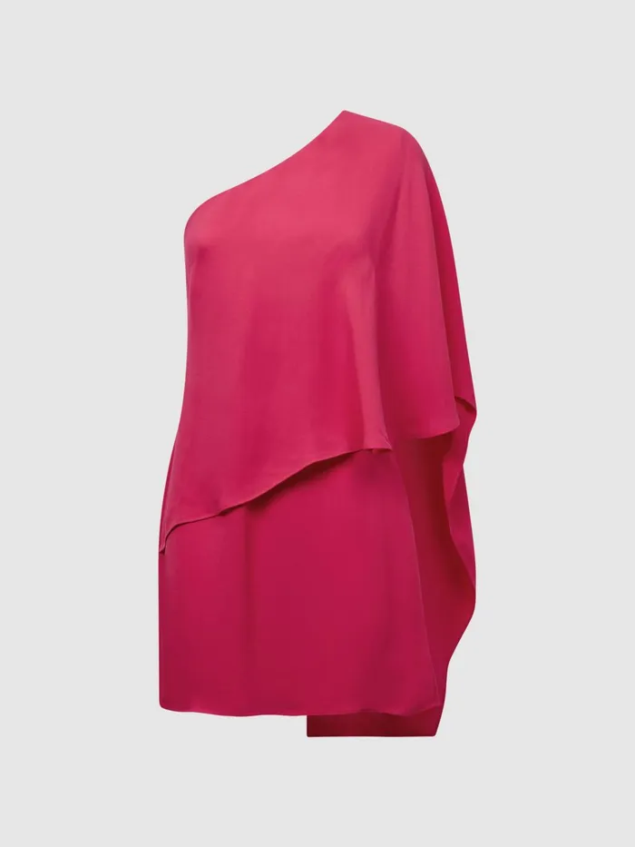 Women Blake One Shoulder Cape Mini Dress Bright Pink Reiss Dresses