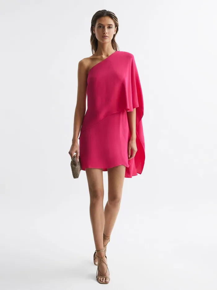 Women Blake One Shoulder Cape Mini Dress Bright Pink Reiss Dresses