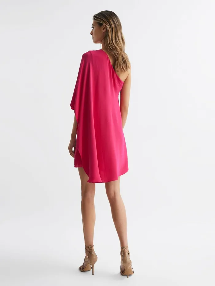Women Blake One Shoulder Cape Mini Dress Bright Pink Reiss Dresses
