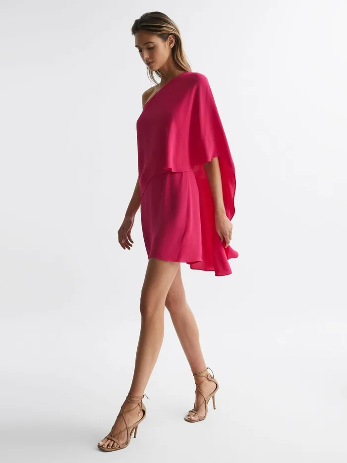 Women Blake One Shoulder Cape Mini Dress Bright Pink Reiss Dresses