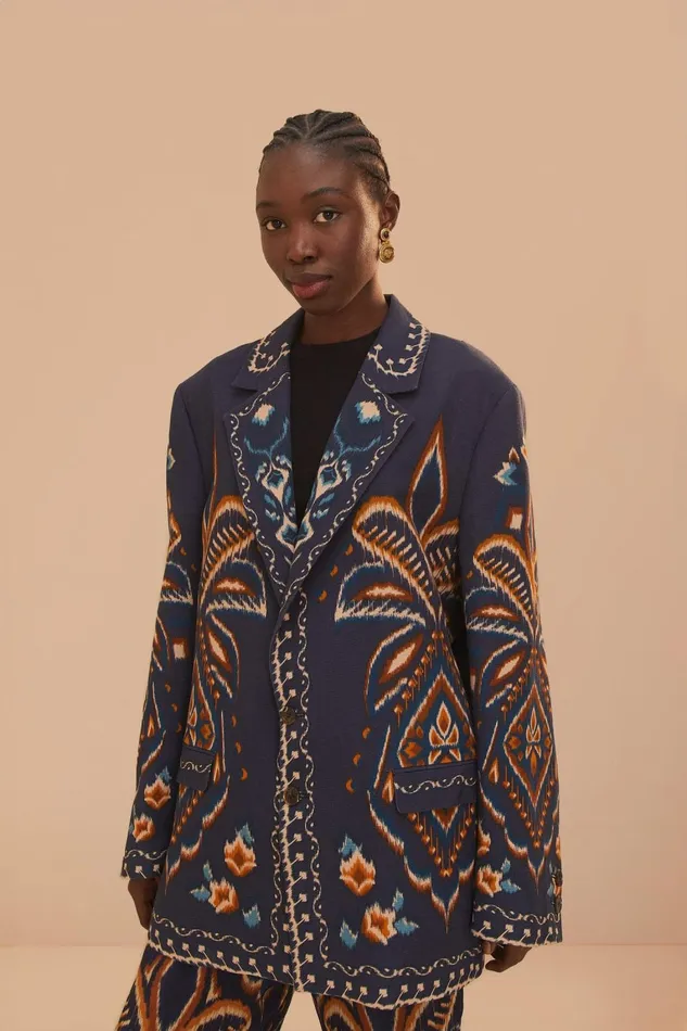 Women Blazers Farm Rio Blue Pineapple Ikat Blazer