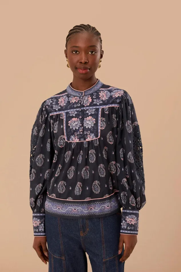 Women Blouses Farm Rio Blue Ayla Long Sleeve Blouse