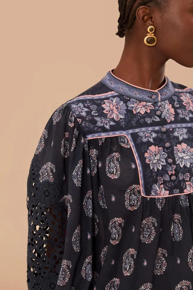 Women Blouses Farm Rio Blue Ayla Long Sleeve Blouse