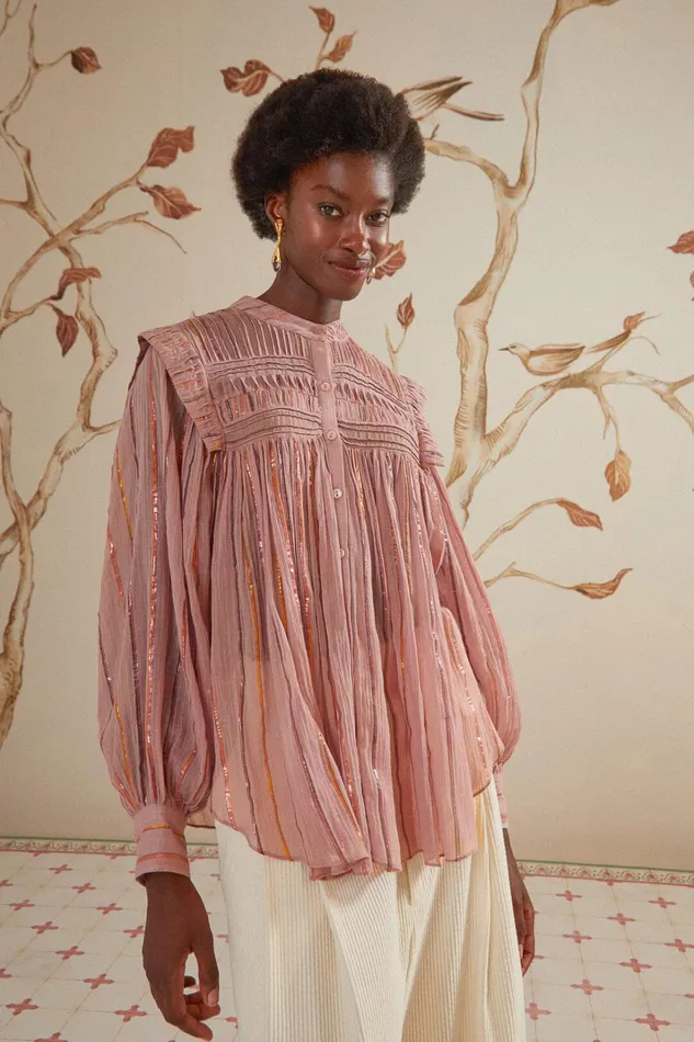 Women Blouses Farm Rio Light Pink Pleated Yoke Long Sleeve Blouse