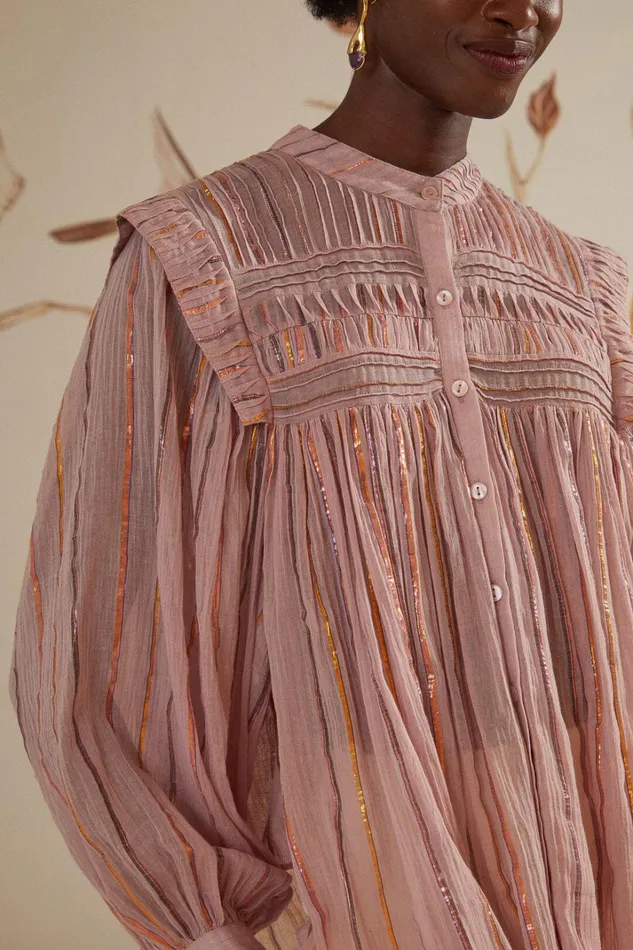 Women Blouses Farm Rio Light Pink Pleated Yoke Long Sleeve Blouse