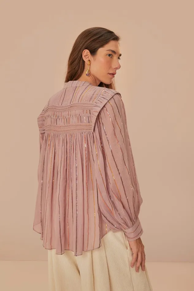 Women Blouses Farm Rio Light Pink Pleated Yoke Long Sleeve Blouse