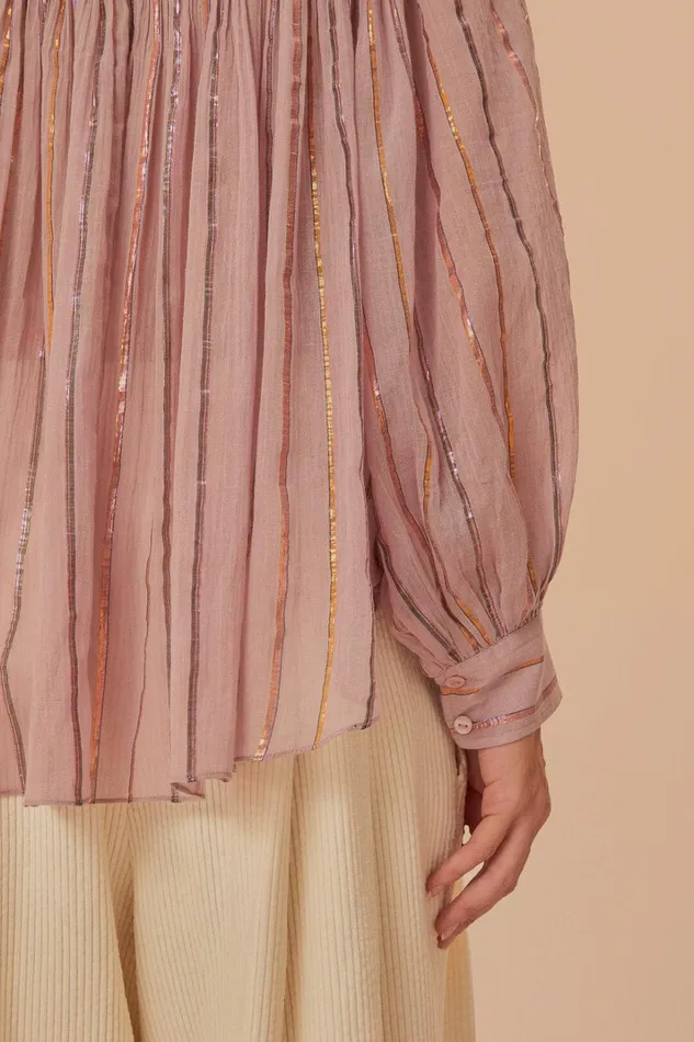 Women Blouses Farm Rio Light Pink Pleated Yoke Long Sleeve Blouse
