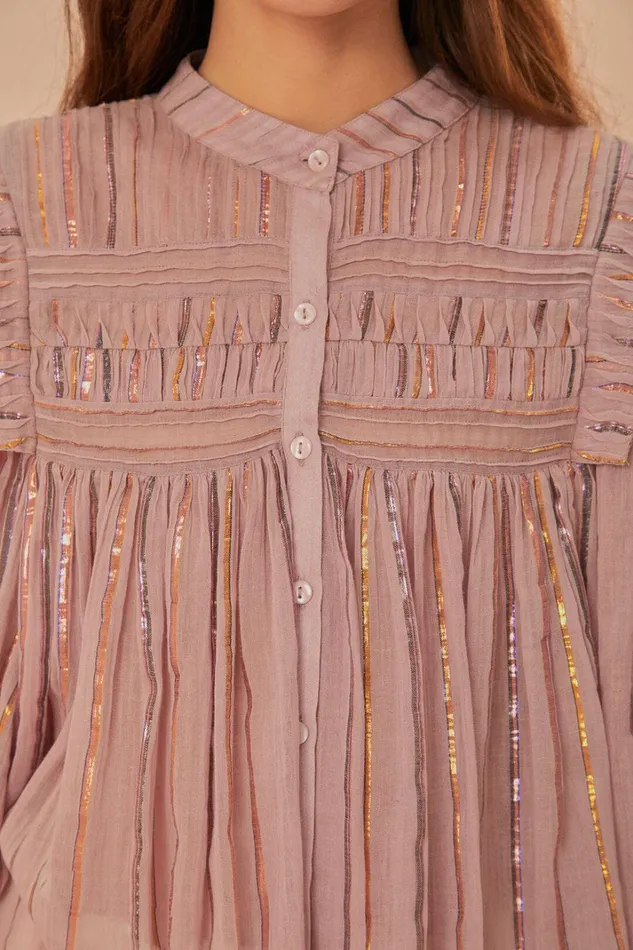 Women Blouses Farm Rio Light Pink Pleated Yoke Long Sleeve Blouse