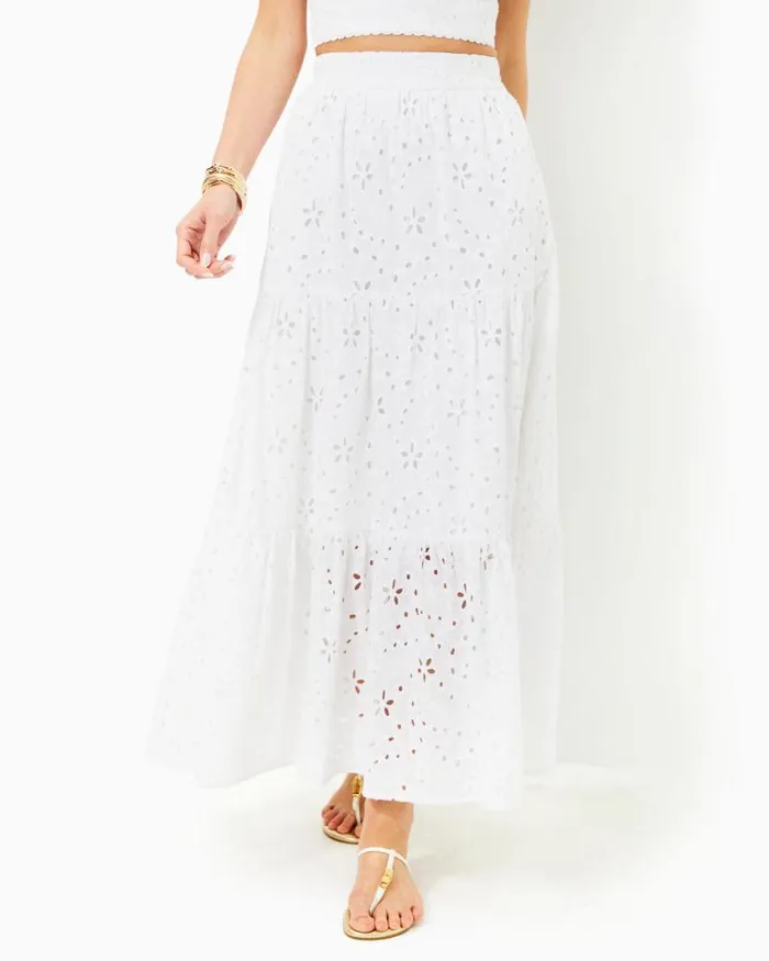Women Bottoms Lilly Pulitzer Winslow Eyelet Maxi Skirt Resort White Sealife Eyelet