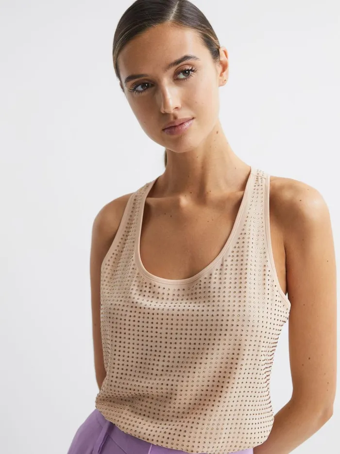 Women Brooklyn Embellished Scoop Neck Vest Nude Reiss Tops