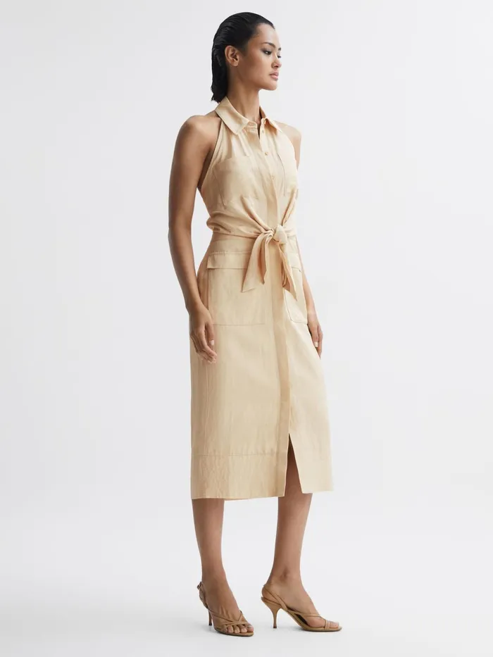 Women Camilla Fitted Linen Blend Collared Dress Neutral Reiss Dresses