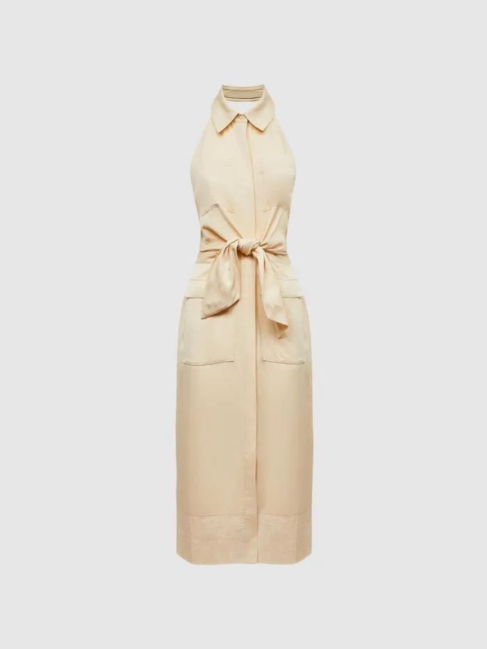 Women Camilla Fitted Linen Blend Collared Dress Neutral Reiss Dresses