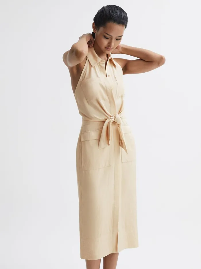 Women Camilla Fitted Linen Blend Collared Dress Neutral Reiss Dresses
