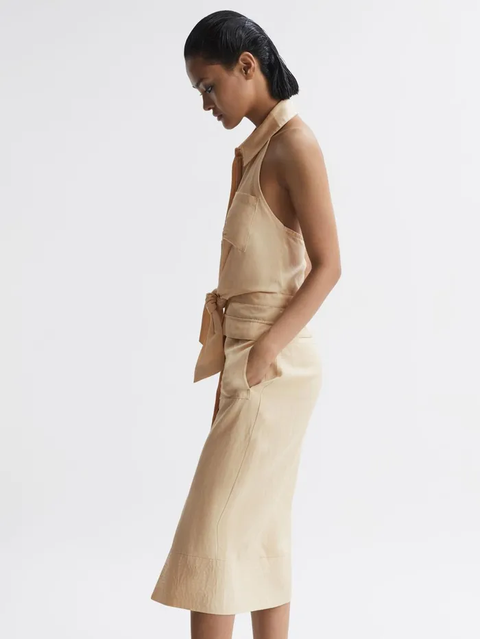 Women Camilla Fitted Linen Blend Collared Dress Neutral Reiss Dresses