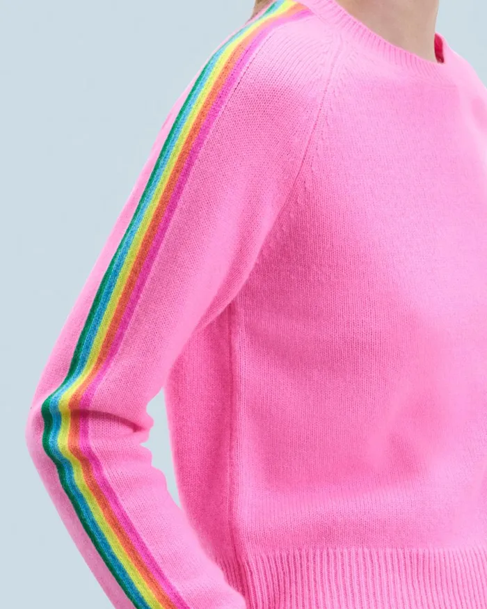 Women Cashmere Sweaters From Future Crewneck Sweater With MultiColored Bands Dreamy Pink