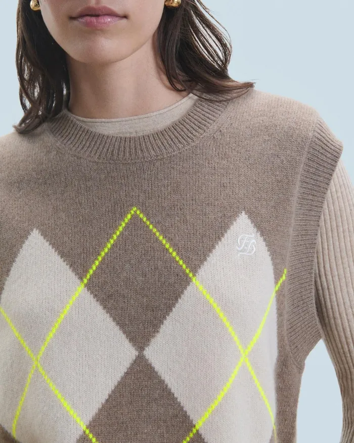 Women Cashmere Sweaters From Future Diamond Pattern Sleeveless Sweater Taupe