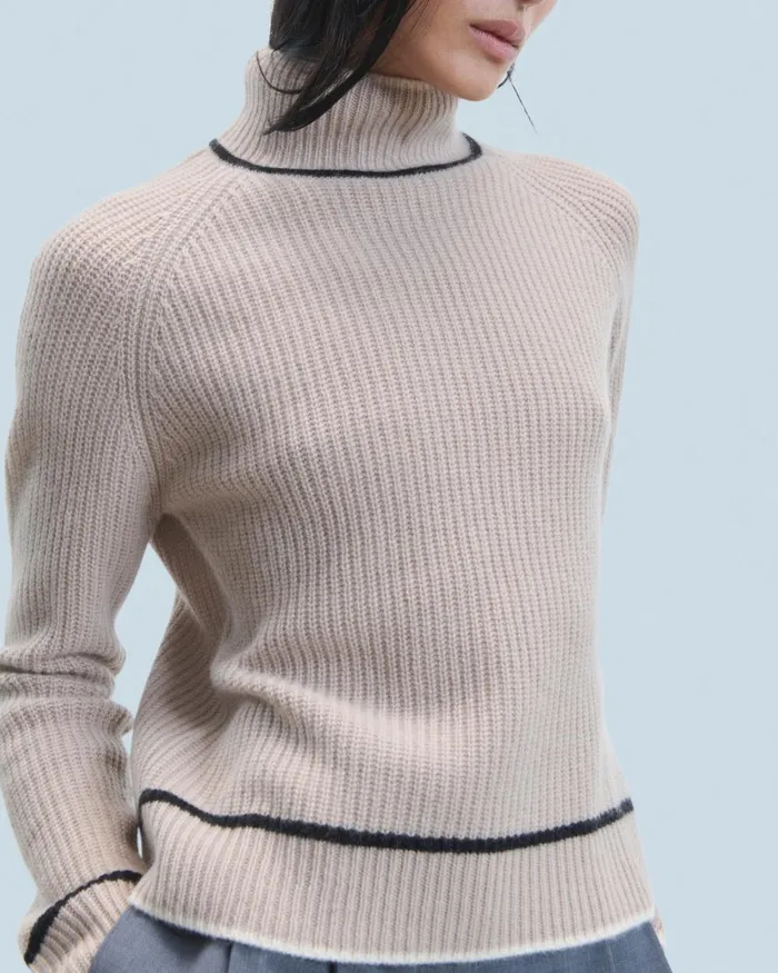 Women Cashmere Sweaters From Future Mock Neck Tricolor Sweater In Textured Knit Iced Sand