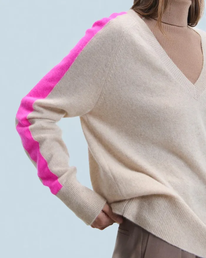 Women Cashmere Sweaters From Future Oversized VNeck Sweater With TwoTone Stripes Heather Beige