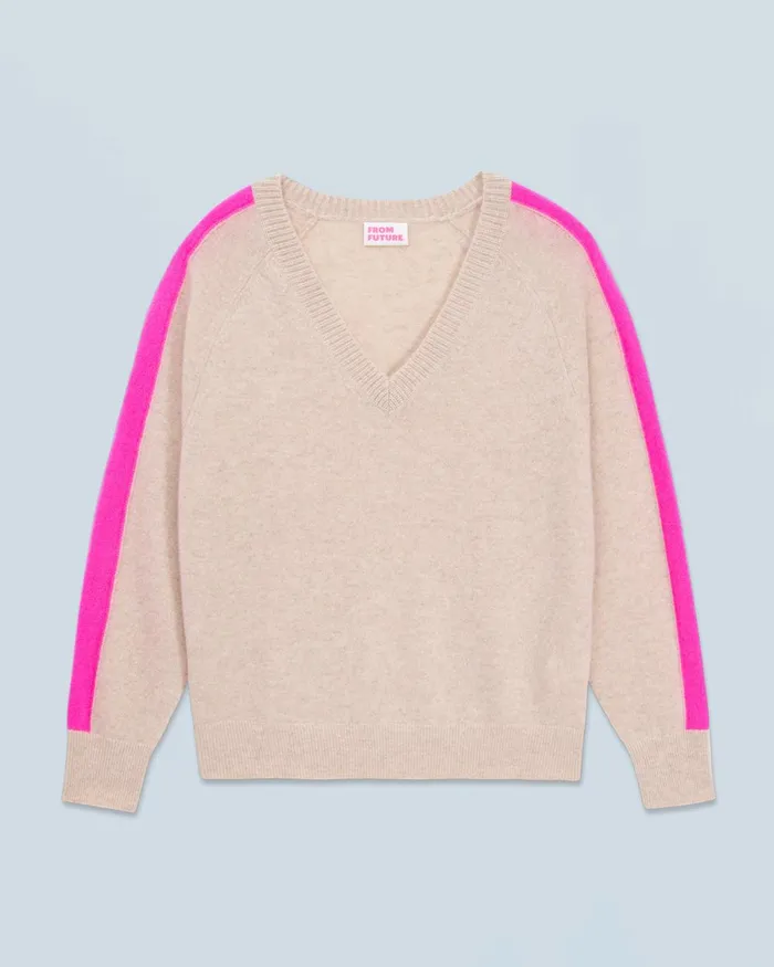 Women Cashmere Sweaters From Future Oversized VNeck Sweater With TwoTone Stripes Heather Beige
