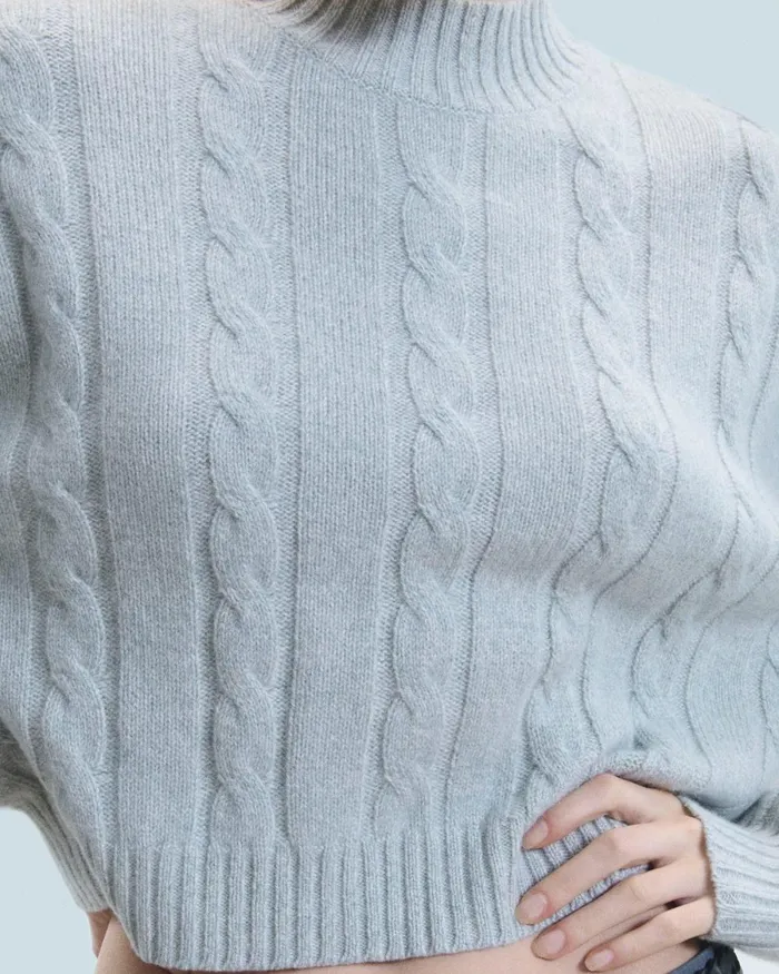Women Cashmere Sweaters From Future Short Mock Neck Cable Knit Sweater Gray Stone