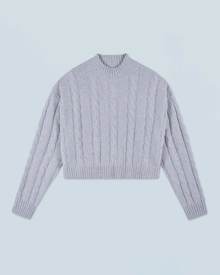 Women Cashmere Sweaters From Future Short Mock Neck Cable Knit Sweater Gray Stone