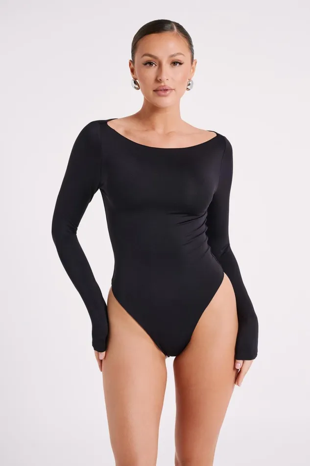 Women Cate Boatneck Long Sleeve Bodysuit 8211 Black Black Meshki Bodysuits