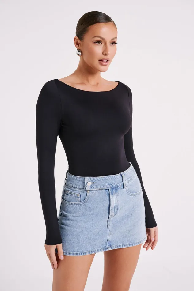 Women Cate Boatneck Long Sleeve Bodysuit 8211 Black Black Meshki Bodysuits