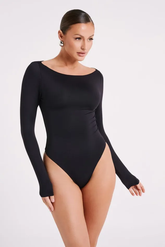Women Cate Boatneck Long Sleeve Bodysuit 8211 Black Black Meshki Bodysuits