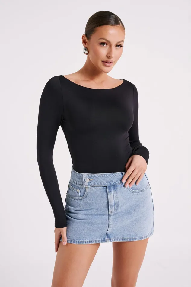 Women Cate Boatneck Long Sleeve Bodysuit 8211 Black Black Meshki Bodysuits