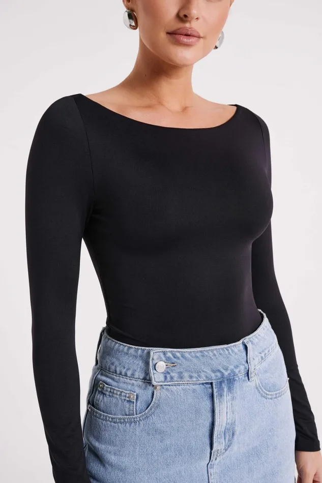 Women Cate Boatneck Long Sleeve Bodysuit 8211 Black Black Meshki Bodysuits