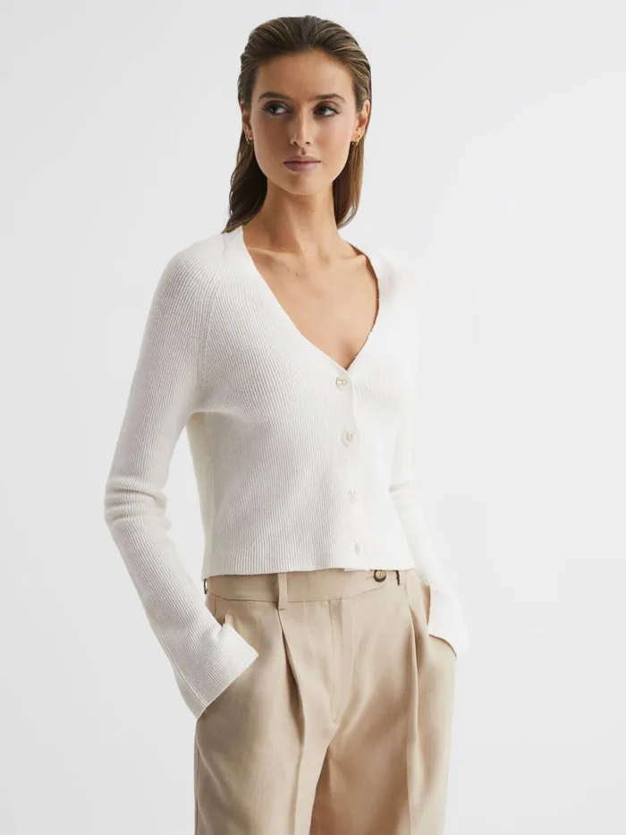 Women Celia Linen Blend Ribbed Cardigan Ivory Reiss Knitwear