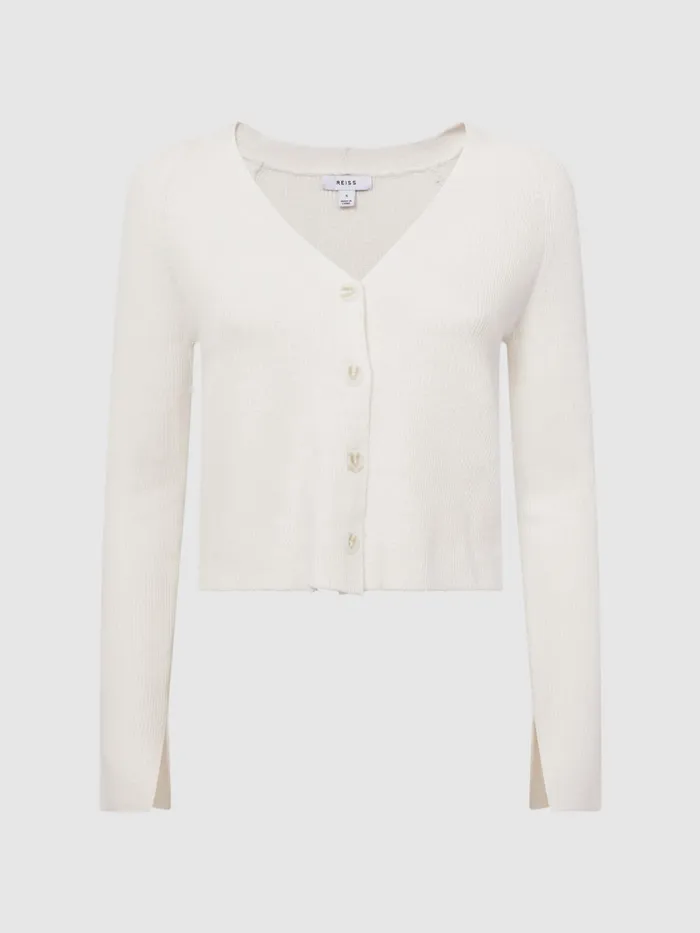 Women Celia Linen Blend Ribbed Cardigan Ivory Reiss Knitwear