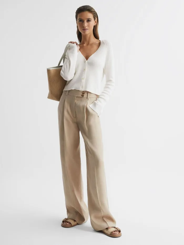 Women Celia Linen Blend Ribbed Cardigan Ivory Reiss Knitwear