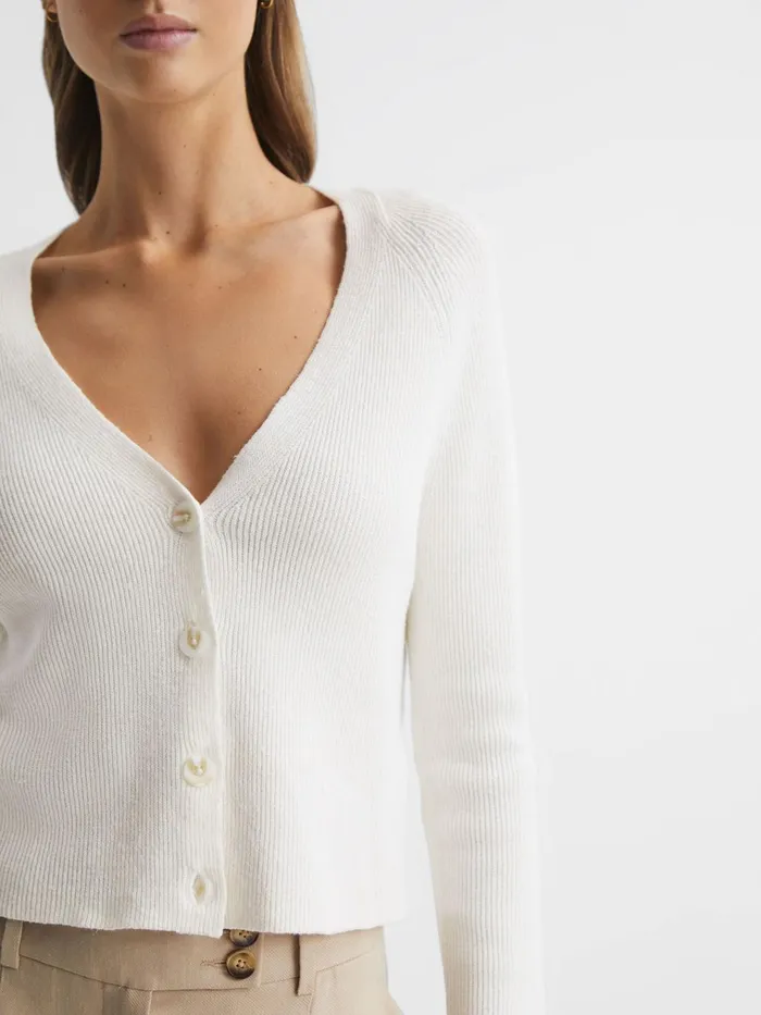 Women Celia Linen Blend Ribbed Cardigan Ivory Reiss Knitwear