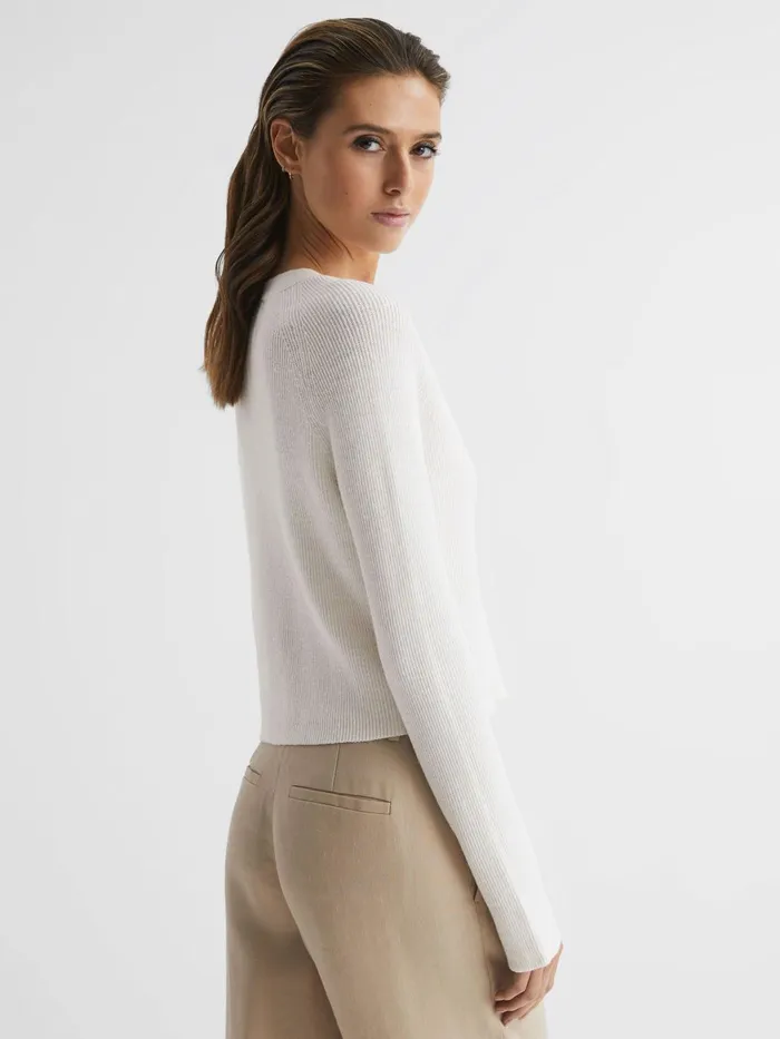 Women Celia Linen Blend Ribbed Cardigan Ivory Reiss Knitwear