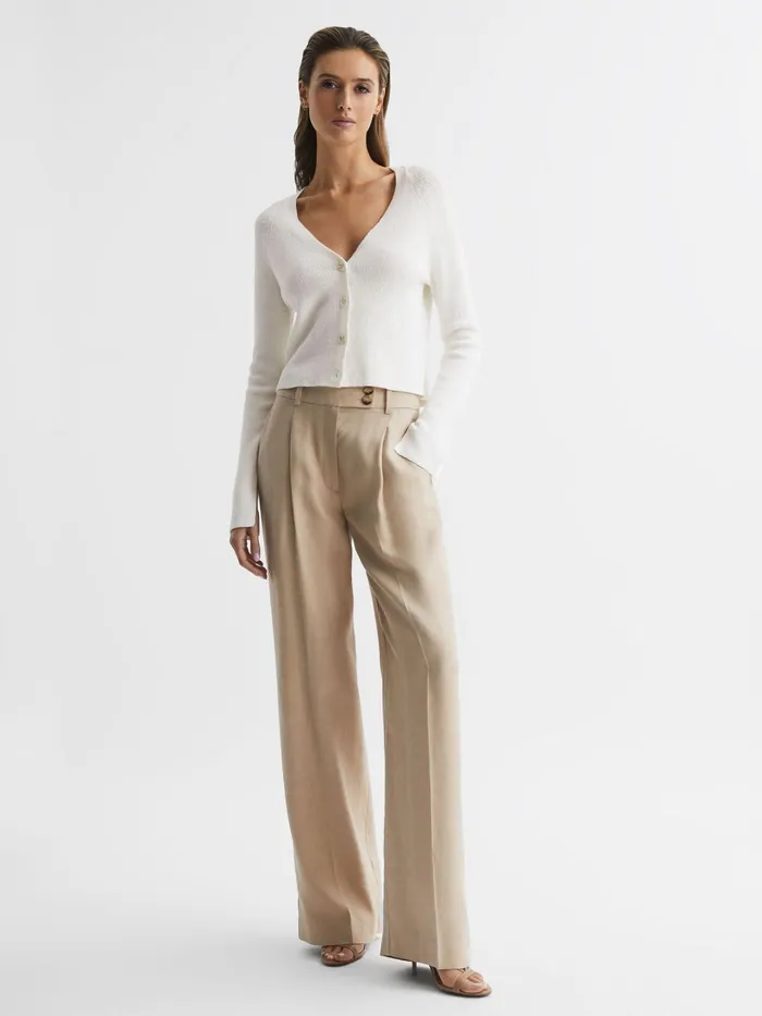 Women Celia Linen Blend Ribbed Cardigan Ivory Reiss Knitwear