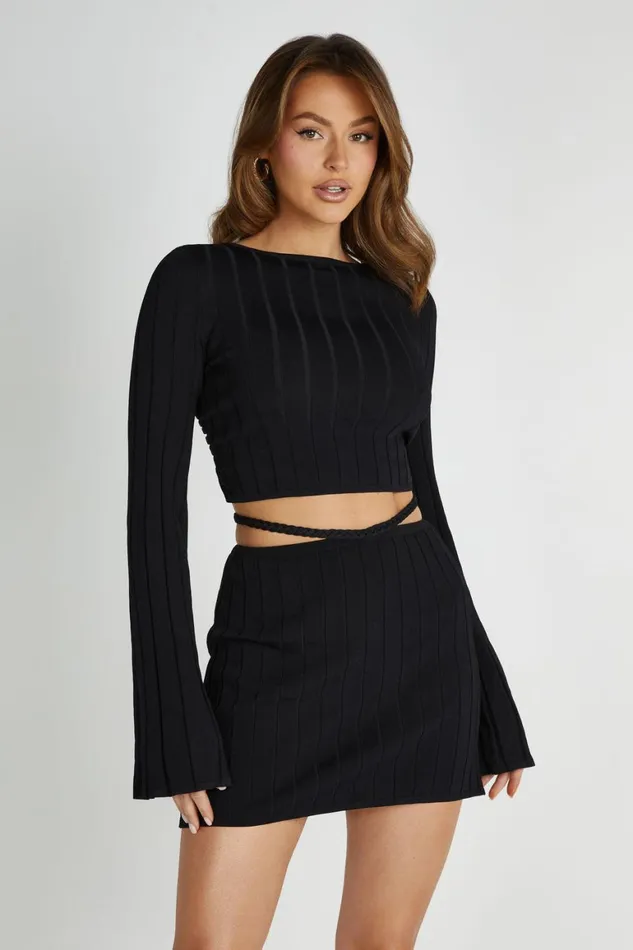 Women Celine ALine Extreme Rib Mini Skirt 8211 Black Black Meshki Skirts