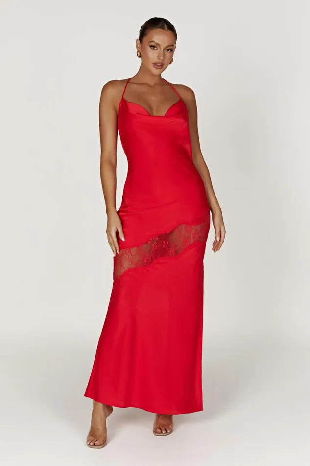 Women Chandra Lace Detail Satin Maxi Dress 8211 Red Red Meshki Maxi Dresses