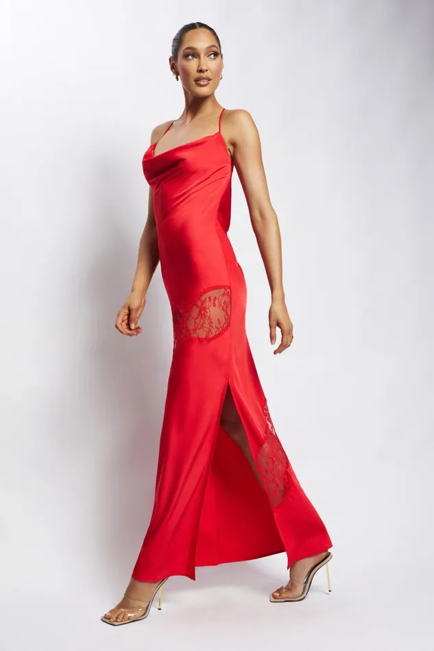 Women Chandra Lace Detail Satin Maxi Dress 8211 Red Red Meshki Maxi Dresses