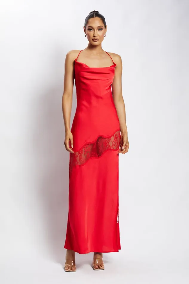 Women Chandra Lace Detail Satin Maxi Dress 8211 Red Red Meshki Maxi Dresses