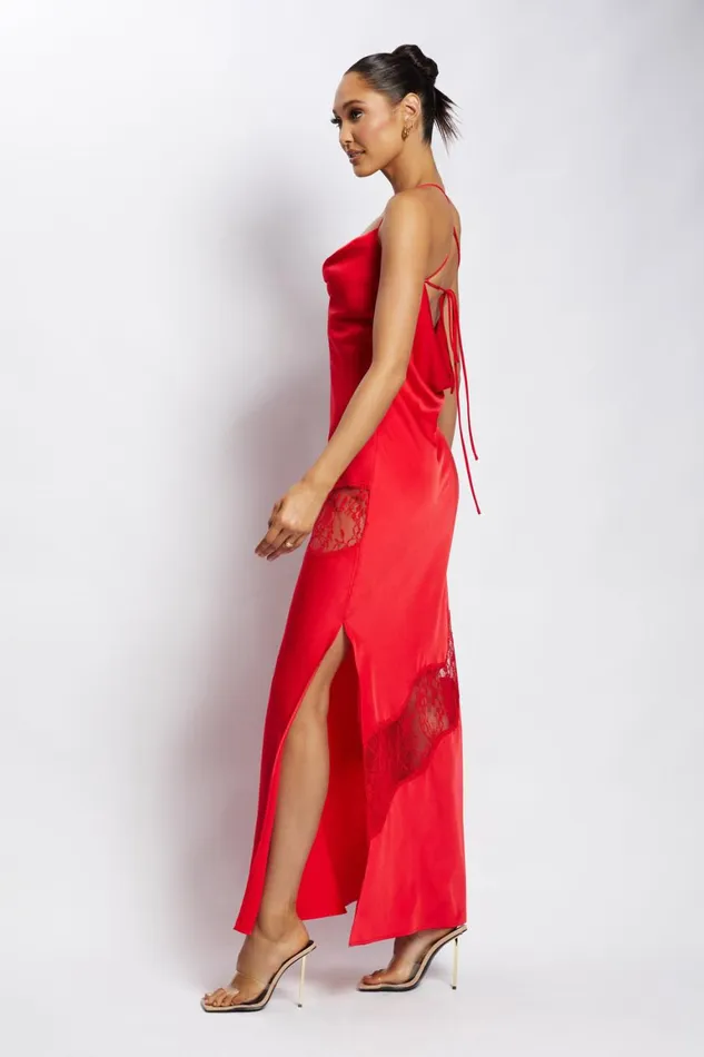 Women Chandra Lace Detail Satin Maxi Dress 8211 Red Red Meshki Maxi Dresses