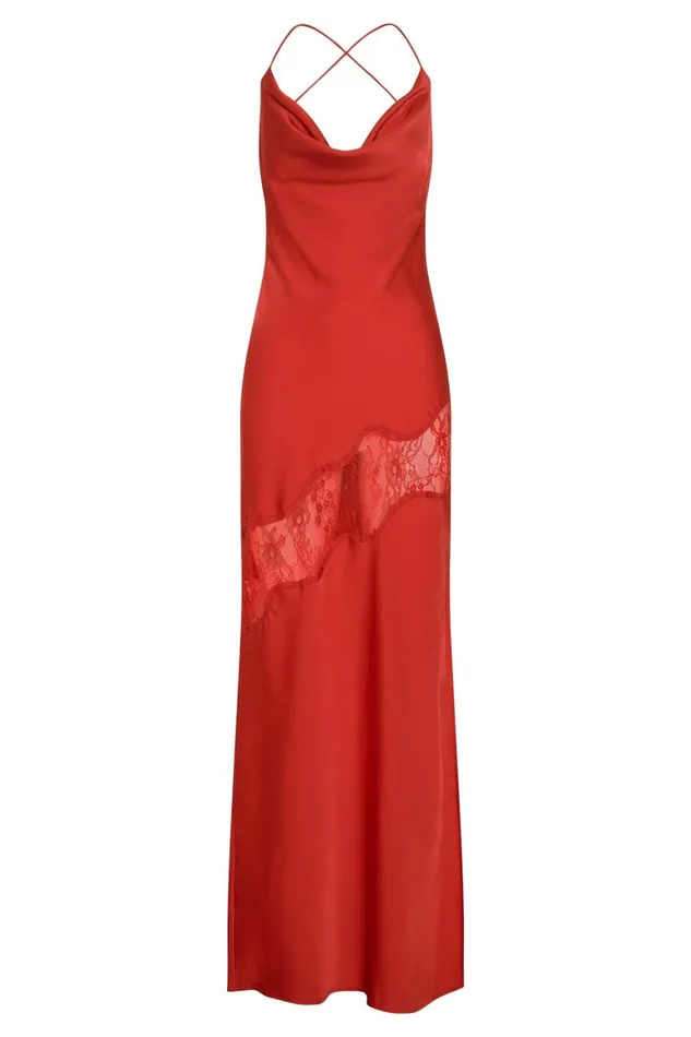 Women Chandra Lace Detail Satin Maxi Dress 8211 Red Red Meshki Maxi Dresses