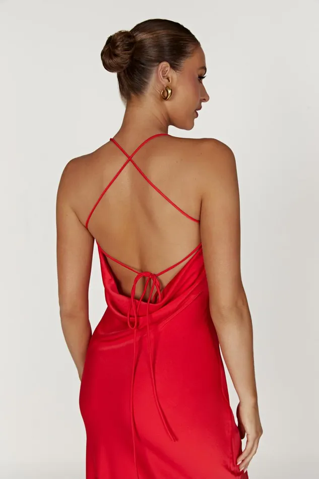 Women Chandra Lace Detail Satin Maxi Dress 8211 Red Red Meshki Maxi Dresses