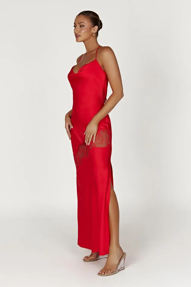Women Chandra Lace Detail Satin Maxi Dress 8211 Red Red Meshki Maxi Dresses