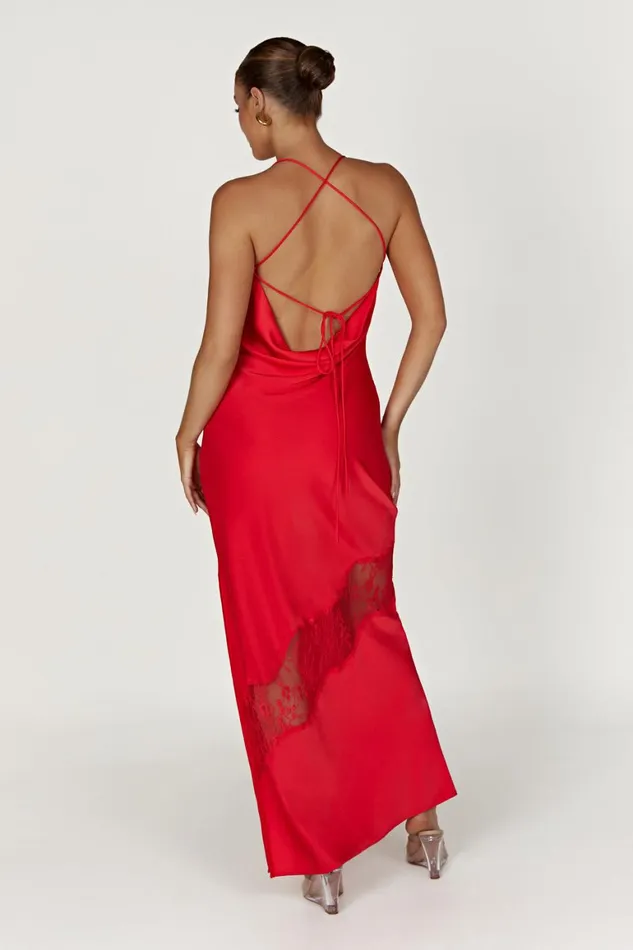 Women Chandra Lace Detail Satin Maxi Dress 8211 Red Red Meshki Maxi Dresses