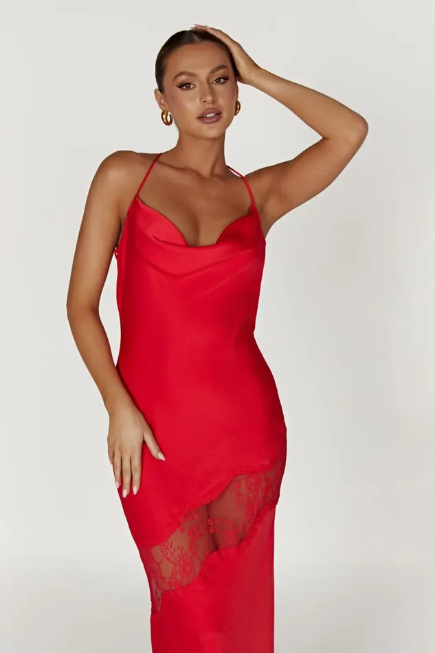 Women Chandra Lace Detail Satin Maxi Dress 8211 Red Red Meshki Maxi Dresses