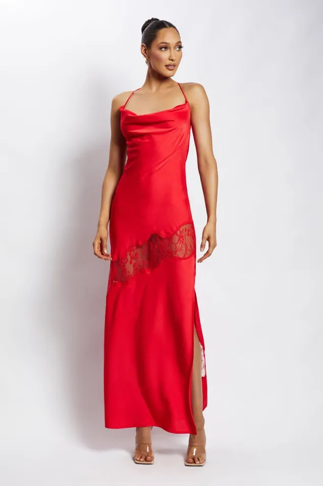 Women Chandra Lace Detail Satin Maxi Dress 8211 Red Red Meshki Maxi Dresses