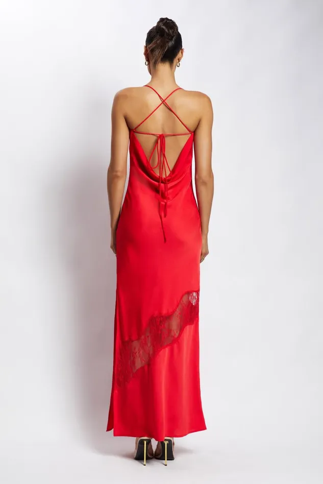 Women Chandra Lace Detail Satin Maxi Dress 8211 Red Red Meshki Maxi Dresses