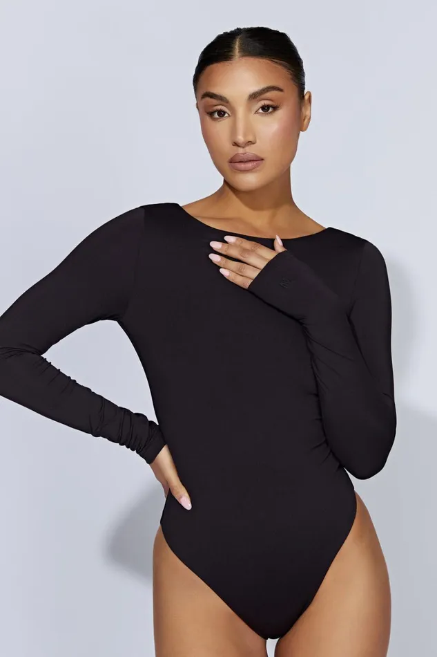 Women Cheyenne Long Sleeve Plunge Back Bodysuit 8211 Black Black Meshki Bodysuits