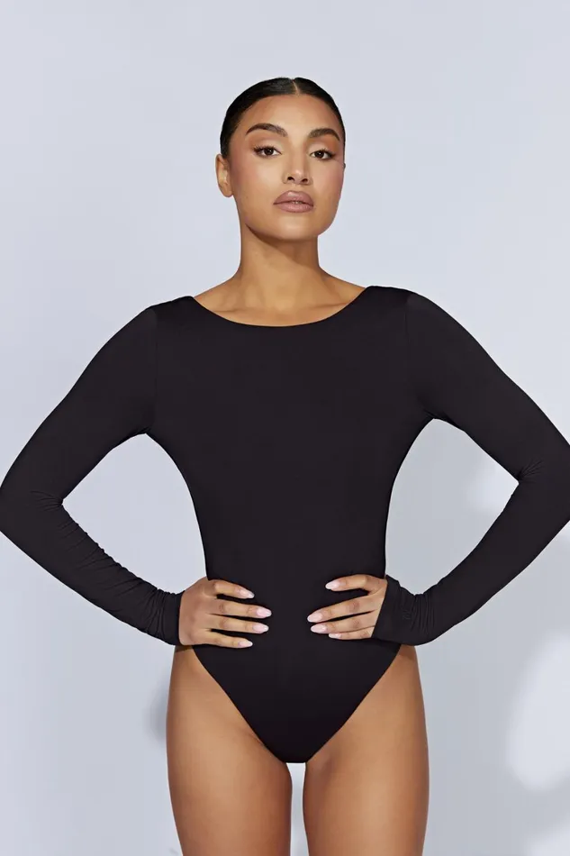 Women Cheyenne Long Sleeve Plunge Back Bodysuit 8211 Black Black Meshki Bodysuits